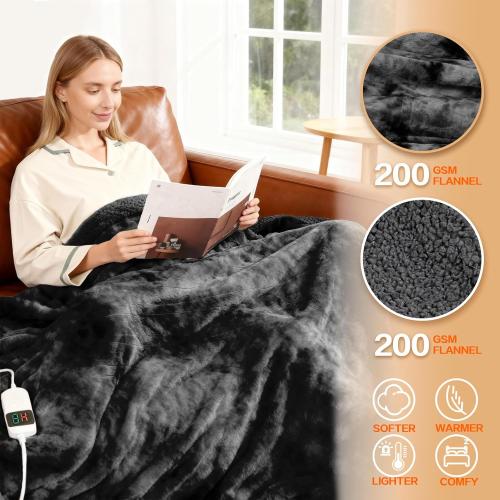 Electric Heated Blanket Throw 50''x60''Size Faux Fur Heating Blanket 10 Heating Settings, 1-8h Timer & Overheat Protection, Machine Washable, Soft Flannel and Sherpa Full Body Warmth
