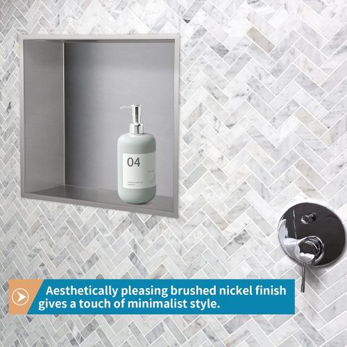 Shower Niche Brushed Stainless Steel, Recessed Shower Caddy, Bathroom Shelf Insert Fits Square Wall Hole Installation (Nickel)