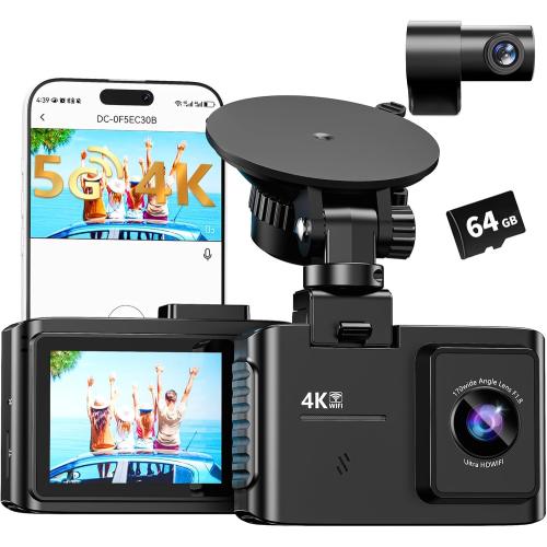 Dash Cam Front and Rear: 4K Dual Channel Dash Cam - 5GHz WiFi, Dash Camera for Cars with 64GB Card, 2.0 IPS Screen, App Control, G-Sensor, Loop Recording, 170° Wide Angle, Night Vision, Parking Mode