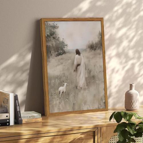 Jesus Leaves The 99 Sheep Wall Art Painting, Vintage Shepherd Christian Wall Decor Lost Lamb Religion Artwork 3D Textured Hand Drawn Sandstone for Living Prayer Room Bedroom 24x36 inch Wood Framed