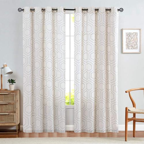 jinchan Grey Boho Window Curtains 84 Inch Length 2 Panels Set Linen Textured Light Filtering Curtains Honeycomb Embroidered Design Living Room Drapes Bedroom Bronze Grommet Window Treatments Set