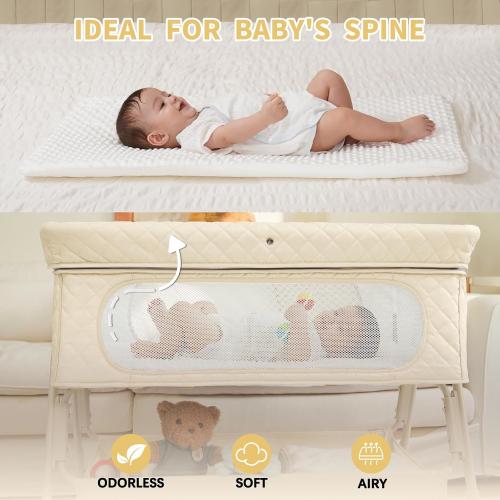 Baby Crib, Baby Bassinets Bedside Sleeper with Breathable Mesh & Mattress, Easy Move Crib for Newborns with Lockable Wheels, 4-Adjustable Height Bedside Bassinet (Beige)