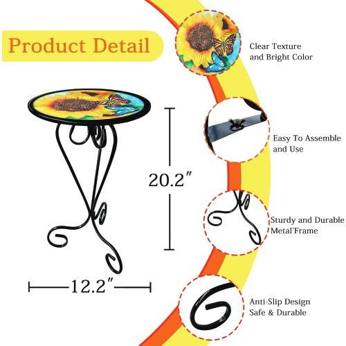12 Inch Outdoor Side Table, Round Patio Accent Indoor End Table with Glass Top & Metal Base for Living Room, Office, Balcony, Sunflower Butterfly Indoor Furniture Decor(20 Height)