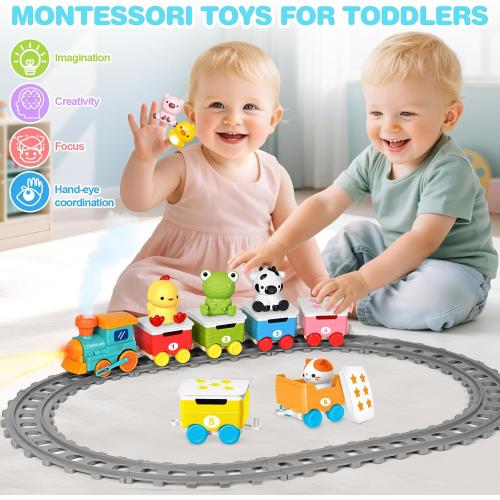 Learning Toy for Toddlers 1-3, Electric Toys Trains with Lights, Music & Steam, Counting, Matching & Sorting Montessori Toy with 6 Animal Finger Puppets, Birthday Xmas Gifts for Baby Boys Girls 12-18M
