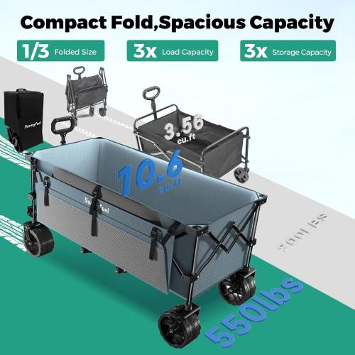 SUNNYFEEL 49 L Foldable Wagon Cart with Big Wheels - 550lbs Heavy Duty Extra Long Collapsible Shopping Cart - Utility Grocery Wagon for Garden Sports Camping Outdoor Activities (Blue)
