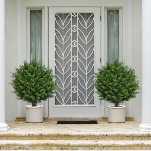 Artificial Set of 2 Cedar Topiary Ball Trees 22 for Outdoors with Ground Spike, UV Resistant Faux Cypress Plants into Anywhere, Evergreen Shrubs Bushes for Room Front Porch Garden Backyard Decor