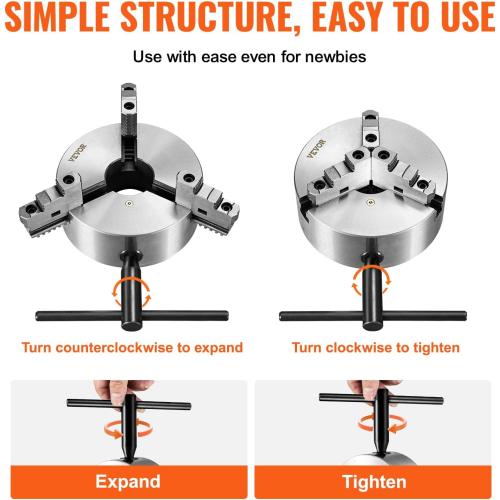 VEVOR 3-Jaw Lathe Chuck, 8'', Self-Centering Lathe Chuck, 0.16-8 in/4-200 mm Clamping Range with T-key Fixing Screws Hexagon Wrench, for Lathe 3D Printer Machining Center Milling Drilling Machine