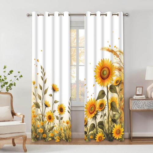 Sunflower Curtains Floral Autumn Fall Yellow Sunflower Kitchen Curtain Summer Rustic Farmhouse Country Botanic Thanksgiving Boho Retro Blackout Drapes for Bedroom Living Room Cafe 2 Panels, 42x84in