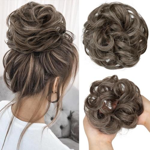 CJL HAIR Large Messy Bun Hair Piece Wavy Curly Scrunchies Synthetic Chignon Ponytail Hair Extensions Thick Updo Hairpieces for Women Pepper Brown