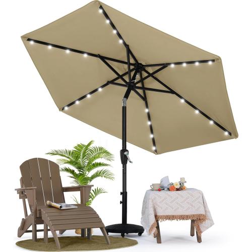MASTERCANOPY 7.5FT 6Ribs Patio Umbrella with 32 Solar LED Lights, Outdoor Market Umbrella with Tilt & Crank, UV Protection & Fade Resistant Fabric, Easy Set-Up for Garden, Deck, Pool (Khaki)