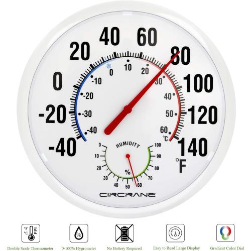 White 13.25 Circrane 13.25 Inch Round Thermometer with Hygrometer, Large Indoor Wall Patio Bimetal Weather Thermometer, No Battery Required, White