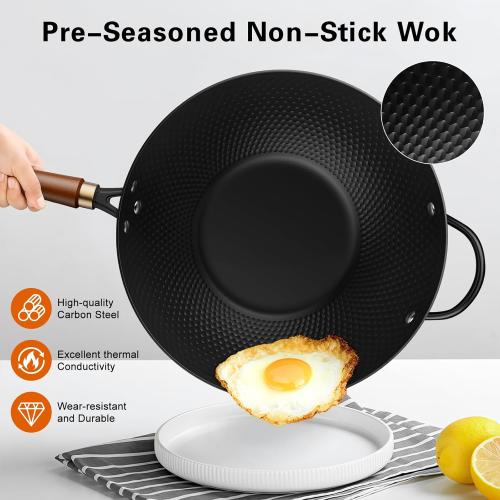 Nonstick Wok, 13-Inch Carbon Steel Wok Pan with Glass Cover, Woks & Stir-Fry Pans for Induction, Electric, Gas, Halogen, All Stoves