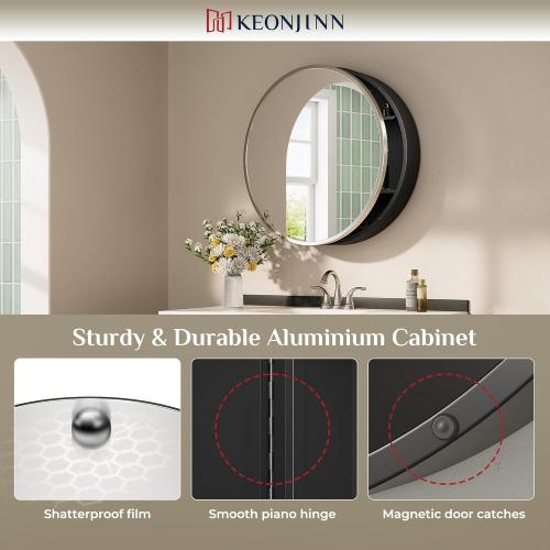 Keonjinn 20 Inch Round Medicine Cabinet with Mirror, Brushed Nickel Surface Mount Medicine Cabinet for Bathroom, Framed Circular Bathroom Cabinet Wall Mounted, Round Vanity Mirror with Storage