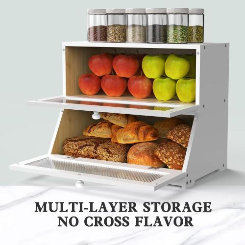 LOHASOK Bread Box for Kitchen Countertop,White | 2-layer, Bamboo, Large, Farmhouse Bread Container Holder Storage, Acrylic translucent window