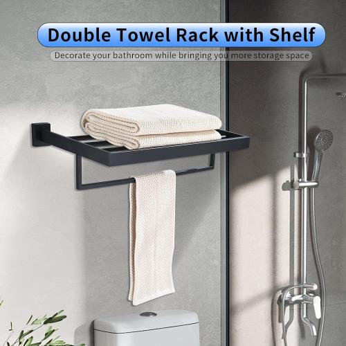Black Towel Rack 24'' Bath Towel Shelf with Towel Bars SUS304 Matte Black Stainless Steel Wall Mounted，Modern Bathroom Storage Shelf