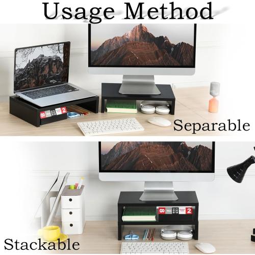 TEAMIX Wood Monitor Stand Riser-2 Pack, 2 Tier Adjustable Monitor Stand Dual Monitor Riser for 2 Monitors/Laptop/PC Black Computer Stand for Desk