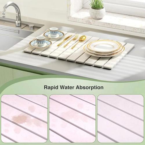 Stone Dish Drying Mat for Kitchen Counter – 24 x 16 Foldable Diatomaceous Earth Mat, Quick Dry & Ultra Absorbent, Non-Slip Drying Pad for Dishes, Bottles, Cups – White Minimalist Design