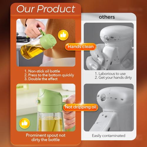 YRRAMATE 16oz/470ml Glass Olive Oil Sprayer for Cooking with Stickers, 2 in 1 Oil Dispenser for Kitchen Gadgets, Food Grade Premium Spray Bottle with Portion Control for Salad, Frying, BBQ (Green)