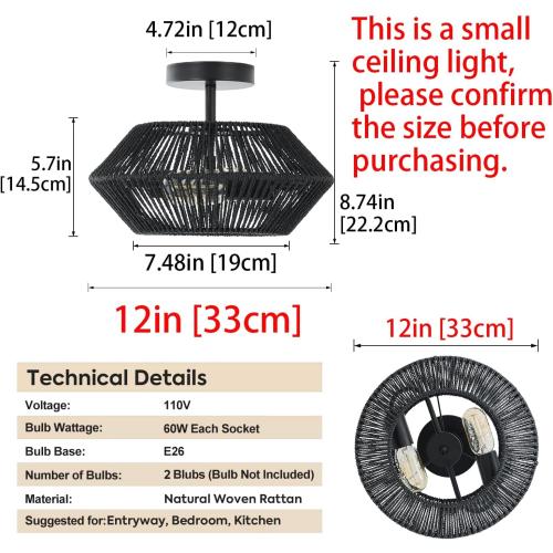 2-Lights Woven Rattan Ceiling Light Fixture, Black Farmhouse Hand-Woven Cage Semi Flush Mount Ceiling Light, Small Boho Coastal Basket Close to Ceiling Light for Bedroom Hallway Nursery Entryway