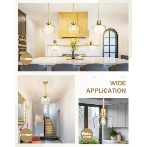 Emak 8 Inch Clear Glass Pendant Lights Kitchen Island, Modern Gold Pendant Light Fixtures for Kitchen, Bathroom, Bedroom, Dining Room, PL122-GD-CG