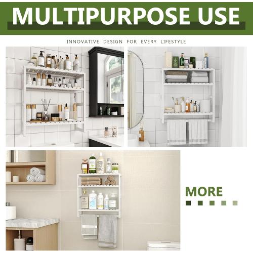 Galood Over The Toilet Storage Bathroom Shelves Wall Mounted 3 Tier Space Saver Corner Shelf Organizer Bamboo Towel Rack Toilet Paper Cabinet with Hanging Rod White
