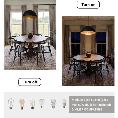 15 Inch Black and Gold Pendant Light, Bold Textured Matte Black Dome with Hand-Applied Gold Leaf Interior, Hanging Chandelier Fixture for Kitchen Island, Dining Room, or Bar