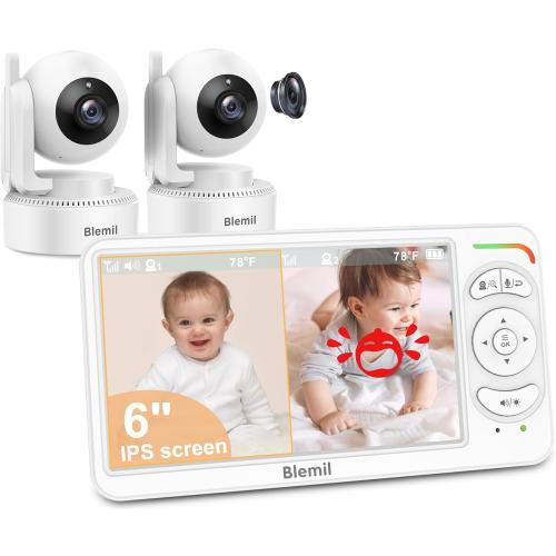 Blemil 6 Baby Monitor with 2 Cameras 4000mAh Battery Upgrade Split Screen Video Baby Monitor No WiFi Remote Pan-Tilt-Zoom Auto-Night Vision 150 Languages ECO Mode 2-Way Talk 1000FT (Ideal Condition)