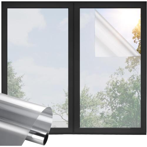 Window Privacy Film One Way Daytime Privacy Static Cling, Mirror Vinyl Roll Heat Control Anti UV Window Tint for Home and Office,Non-Adhesive Window Film,Silver, 17.5 x 78.7