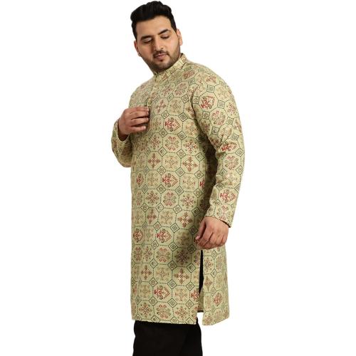 Size 54 Sojanya Plus (Since 1958), Men's Cotton Linen Yellow and Multi Printed Only Long Kurta