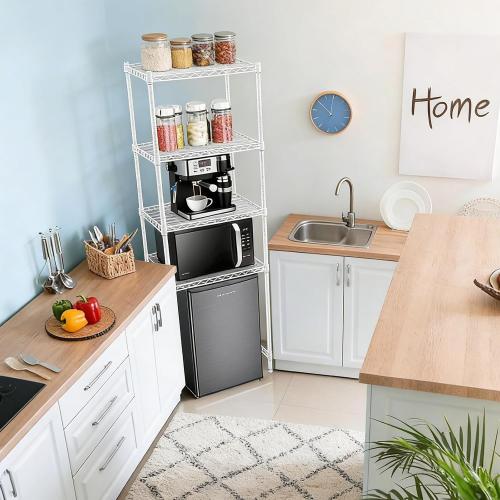 4 Tier Mini Fridge Shelf with Storage Over Mini Fridge Storage and Microwave Stand Height Adjustable Metal Storage Rack for Dorm Kitchen Office(White