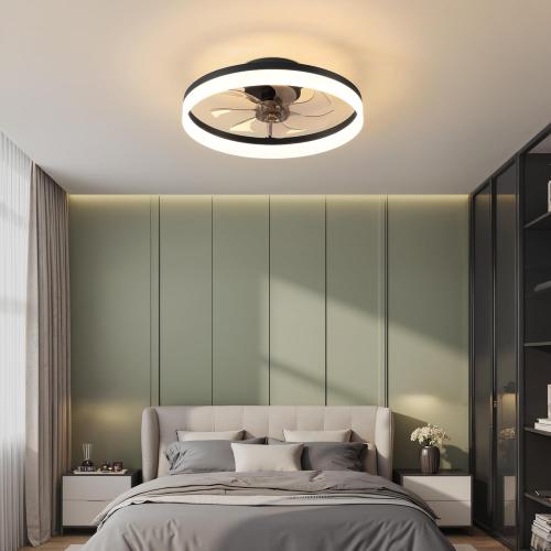 PUSU 15.8 Low Profile LED Ceiling Fans with Light, Reversible Flush Mount with Remote and 6 Winds Speeds Fan Lighting, 3 Colors Dimmable for Bedroom, Garage, Kids, Dinning Room, Kitchen (Black)