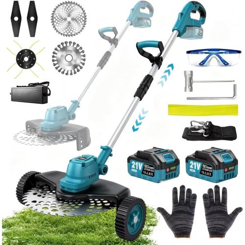 21000RPM Electric Weed Wacker Cordless-8000mAh, 1000W Weed Eater Battery Powered with Wheel, Adjustable Length, 4‑in‑1 Lightweight Grass Trimmer/Brush Cutter/Weed Trimmer/Edger Tool for Garden Yard