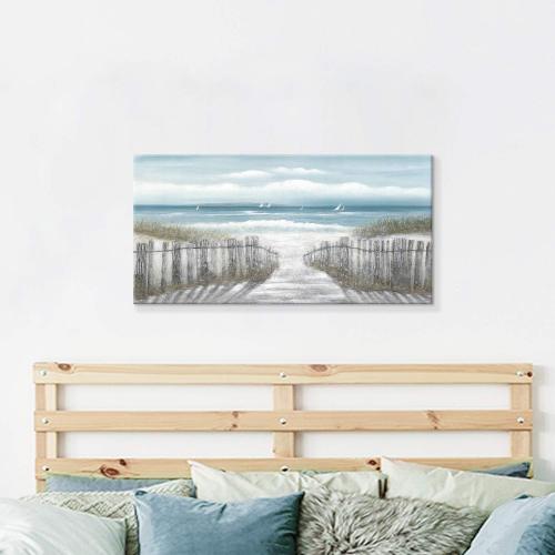Canvas Wall Art Beach Pathway: Sandy Path with Fence Painting to the Coastal Hand Painted Artwork Picture for Bedroom (40'' x 20'', Multi-Sized)