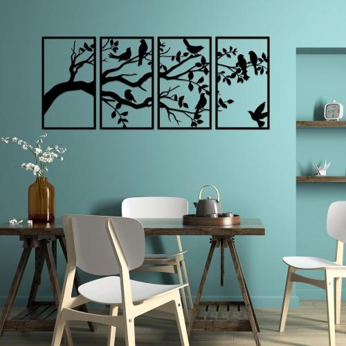 ruelen Wall Decor 4 Pieces Large Metal Birds and Branch Wall Art, Tree of Life Metal Wall Art, Black Leaves with Birds Silhouette Hanging Wall Sculpture For Indoor Home Bedroom Living Room Outdoor