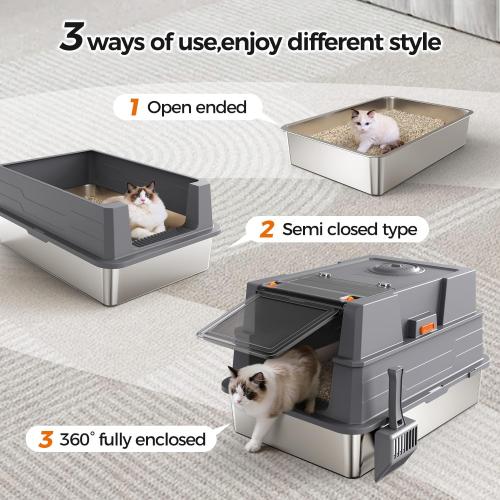 XXXL Stainless Steel Litter Box with Lid,28 L x 20.5 W x 16.5 H Extra Large Cat Litter Box Enclosure for Large and Multi-Cats Families,Non-Sticky, Anti-Leakage, Easy to Clean(Gray)