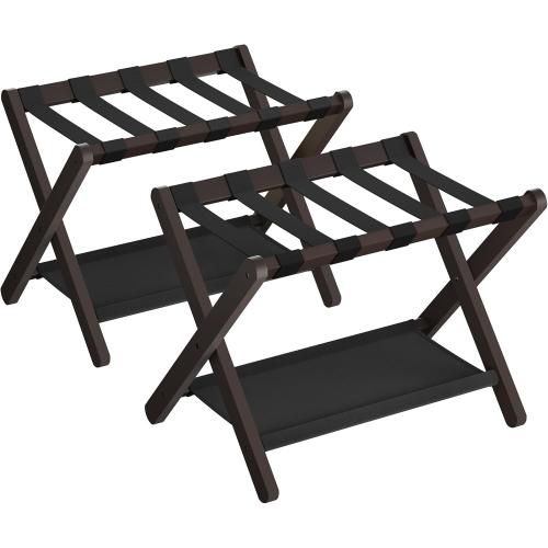 SONGMICS Luggage Rack, Set of 2, Folding Suitcase Stand with Storage Shelf, for Guest Room, Hotel, Bedroom, Heavy-Duty, Holds up to 131 lb, Chestnut Brown URLR007R02