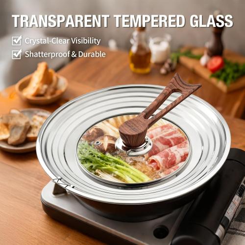 Najor Universal Lid for Pots, Pans and Skillets, Pot Lid With Wooden Standable Handle And Tempered Glass, Fits 8.25, 9, 10, 11, 12 Diameter Pots and Pans
