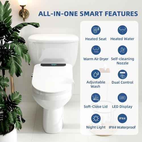 Electric Bidet Toilet Seat Round - Smart Heated Toilet Seat with Remote Control, Instant Warm Water, Self-Cleaning Nozzle, Warm Air Dryer, Feminine Wash, Soft Close, LED Display