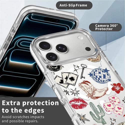 for iPhone 17 Pro Max Case [Compatible with Magsafe],Girls Women Clear Magnetic Case Silicone Shockproof Protective Cover with Pattern Western Cowboy Cherry Cactus Lips