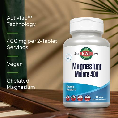 KAL Magnesium Malate 400mg, Chelated Magnesium Supplement with Malic Acid, Healthy Energy & Muscle Function Support, Enhanced Absorption, Vegan, Non-GMO, 45 Servings, 90 Veg Tabs