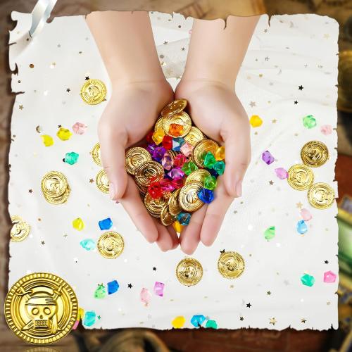 Hanaive 100 Pcs Plastic Pirate Gold Coins Acrylic Colored Gems Fake Gems Buried Treasure Pirate Party Decorations for Halloween Adventure Themed Event Birthday Party Props Decor (Retro Style,Gold)