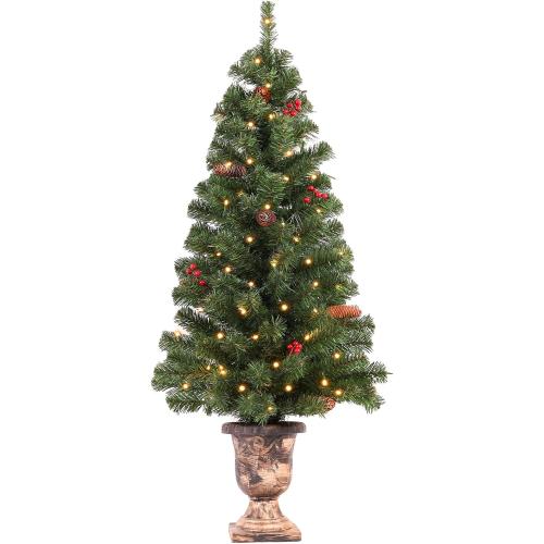Santanelo 4FT Pre-lit Artificial Potted Christmas Tree with 50 LED Lights，Small Fake Spruce Tree,Xma Pine Cones Tree Decorated with 140 Branch Tips, Pine Cones&Red Berries, Plug in