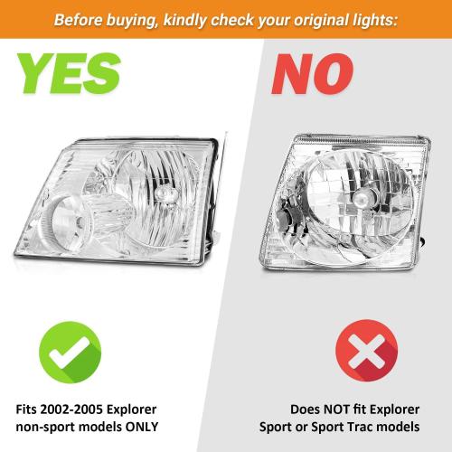 WEELMOTO Headlights Compatible with 2002-2005 Ford Explorer NON-SPORT models, (NOT Compatible with Sport and Trac Models), for 2002 2003 2004 2005 Ford Explorer Replacement Headlight