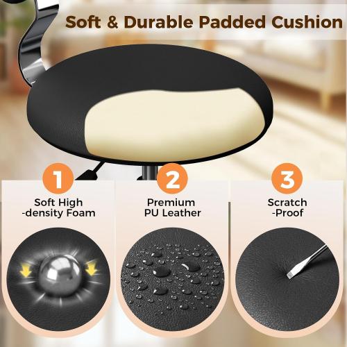 Rolling Stool Chair with Wheels, Office Drafting Chair with Back Support, Height Adjustable Standing Desk Stool with PU Leather Cushion for Home Office Kitchen Vanity Spa Garage Tattoo Dentist, Black