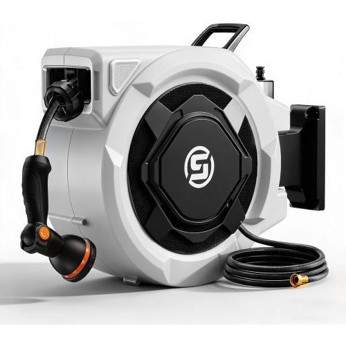 SUNPOW Retractable Garden Hose Reel - 1/2 x 100ft Wall Mounted Hose Reel with 3/4'' Brass Fitting & 10-Pattern Nozzle - Auto Slow Retraction, Any-Length Lock, 180°Swivel for Lawn & Gardening