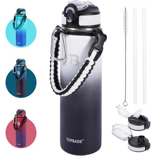 TOPBADE 32oz Insulated Water Bottle with Straw Lid & Spout Lid & Paracord Handle, Stainless Steel Water Bottle Wide Mouth, Double Wall for Women Men Gym Fitness Outdoor