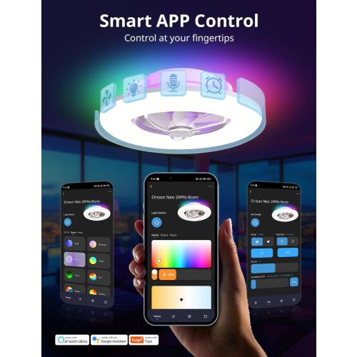 Orison 22 360° Oscillating Ceiling Fan with Light, Rotating Low Profile Flush Mount Ceiling Fan, Smart RGB Ceiling Fans, Alexa&Google Compatible, Dimmable LED, APP/Remote, Modern for Bedroom, White