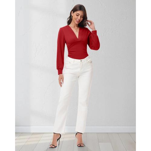 Size M Women V Neck Long Sleeve Blouse Dressy Ruched Shirts Bell Sleeve Wrap Top 2025 Trendy Casual Elegant Work Outfit