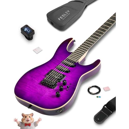 39 Solid Body Electric Guitar: Electric Guitar Kit with Bone Nut, Full Size 6 String Guitars with 24 Frets 10 Pack Guitar Picks (Purple)