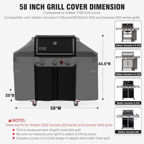 Ultimate Durable Grill Cover for Weber Genesis 300 & Genesis II 300 Series Grills,Heavy Duty Waterproof Rip-Proof 58 BBQ Cover,Fade Resistant 7130 Gas Grill Cover with Strap for Weber 3 Burner Grill